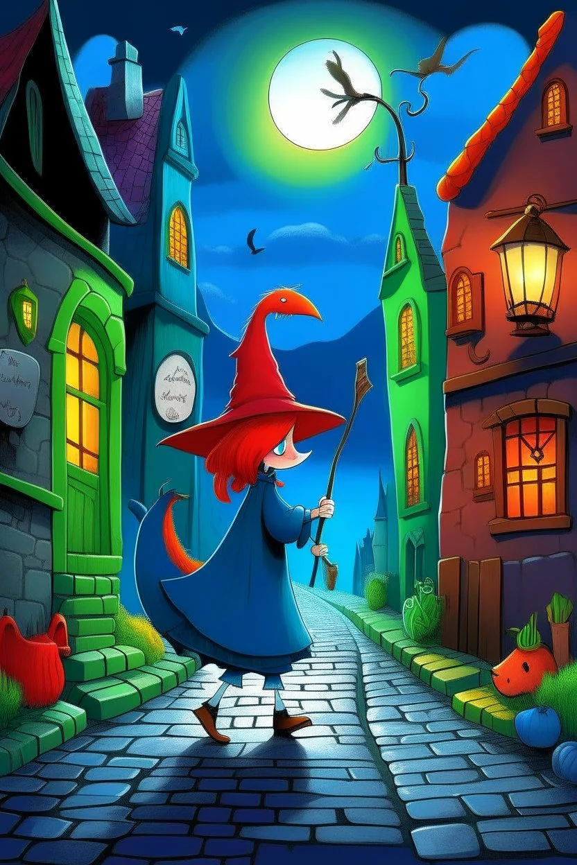 A little red-haired witch wearing a witchhat and holding a broom stick in her left hand is walking along an old paving-stone alley together with her colorful parrot flying next to her. Left and right hand are cute skewed witch's cottages, It's a full moon starry night a street sign says "Schwarze Petergasse", Mysterious