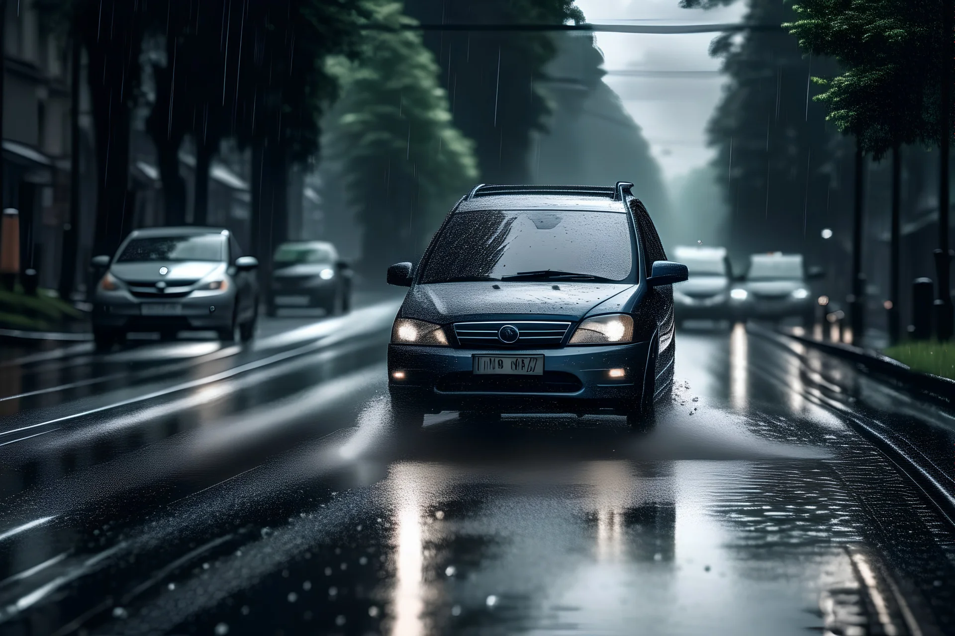a moving car in a rain in a town