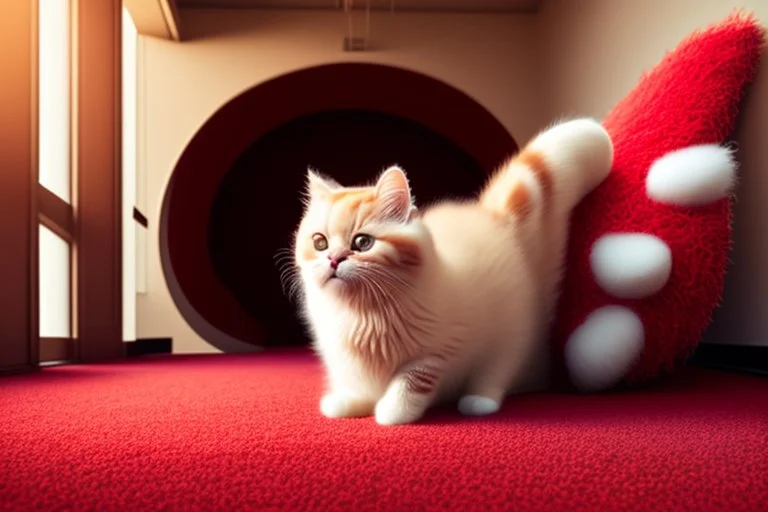 cute fluffy chibi beige cat playing with a giant plush red covid virus in a modern hall on a carpet in sunshine