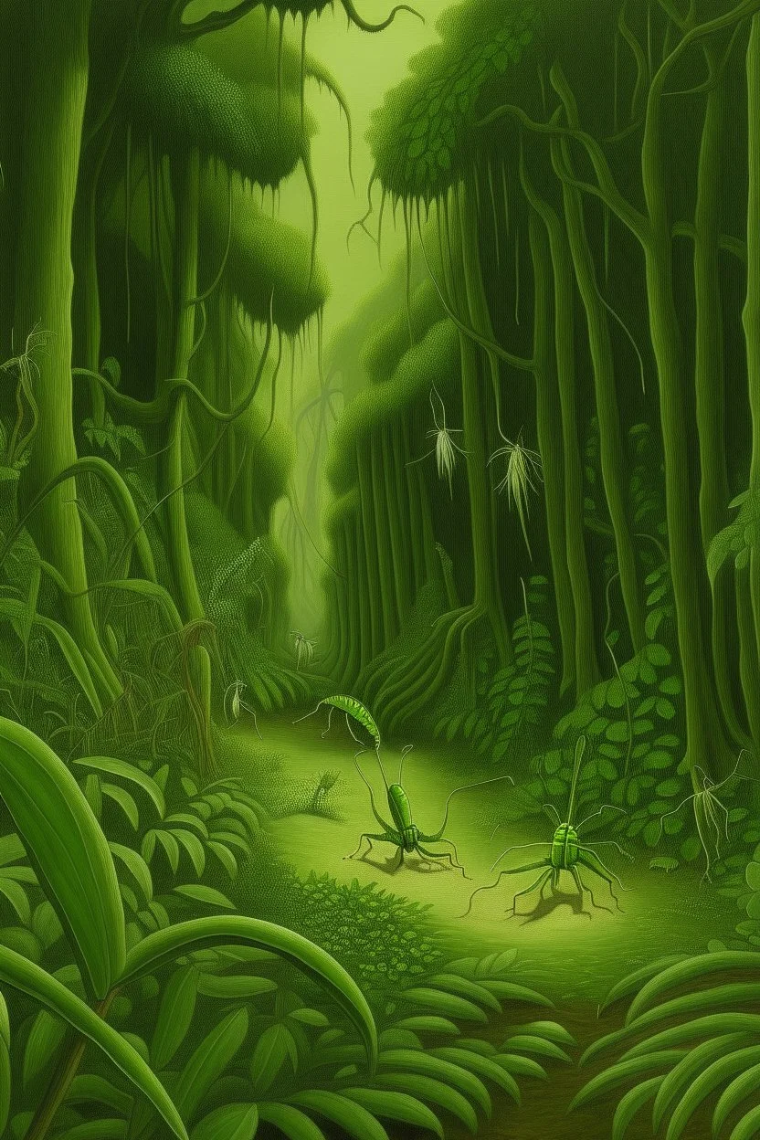 A green forest with praying mantis painted by Henry-Robert Brésil