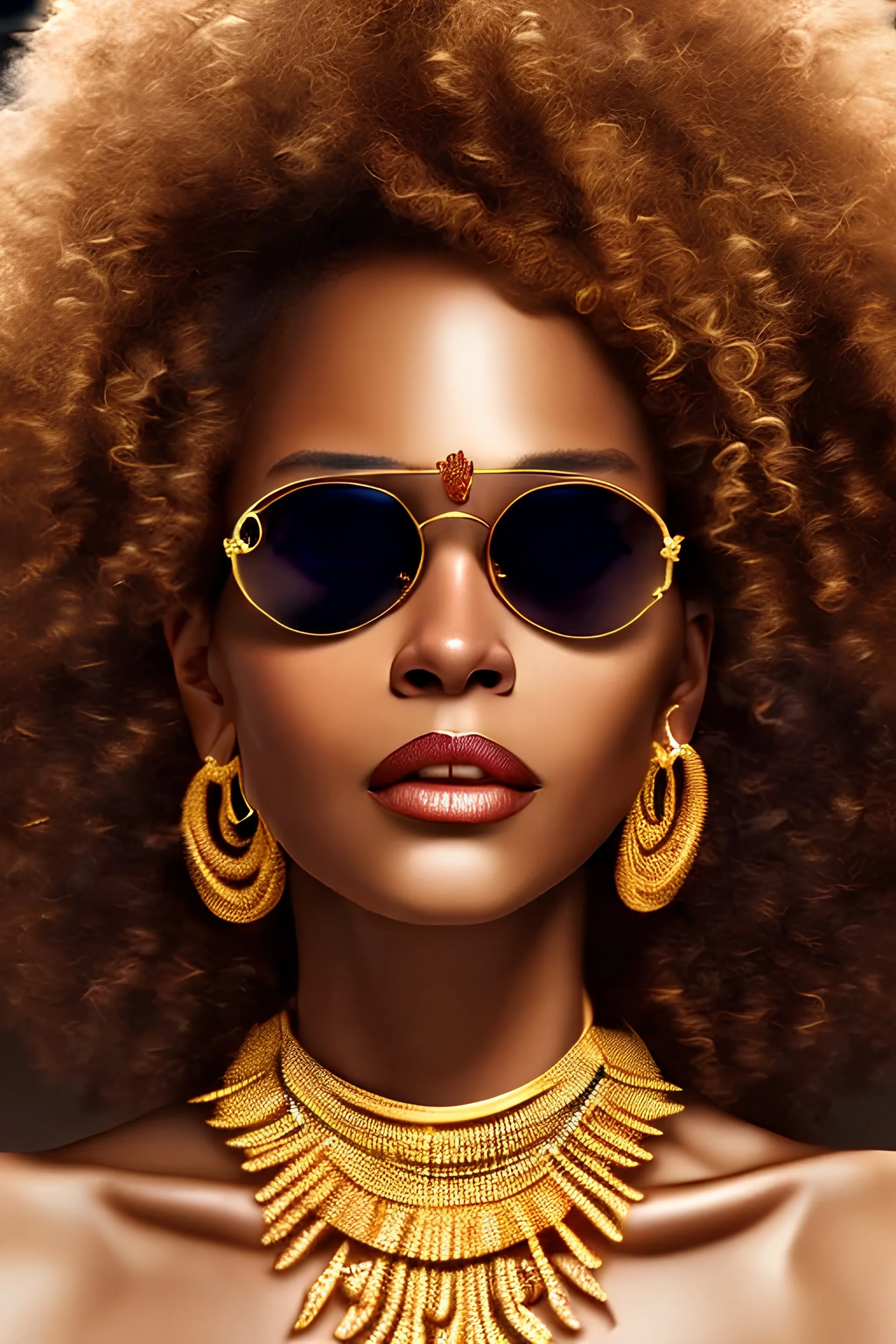 perfektes lächeln einer wunderschönen afro-amerikanischen Frau mit gelocktem braunem haar grosse oberweite portrait hyperrealistisch cinematic perfekter winkel goldkettchen sonnenbrille
