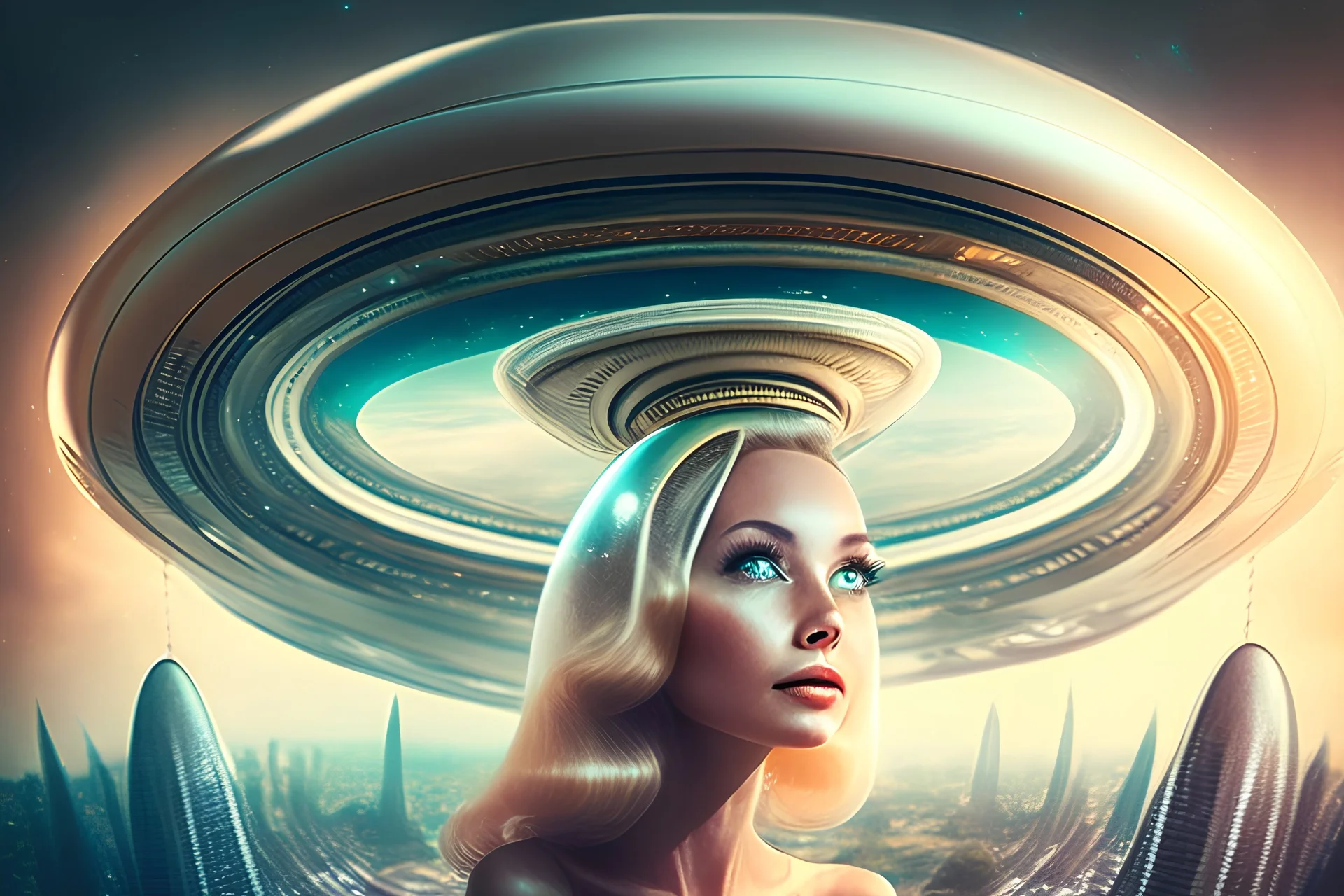 beautiful woman inside flying saucer with clear dome top over future alien city