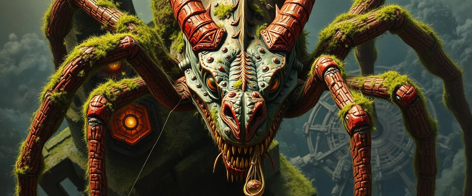 the weird face of a cyberpunk dragon spider man with charm in web from mossy tower, master oil painting by Rembrandt and Escher, moss covered space station, brightened edges to give a sense of depth
