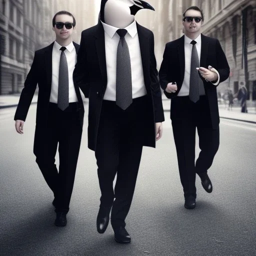 A group of penguins wearing business suits and carrying briefcases, walking through a busy city street.