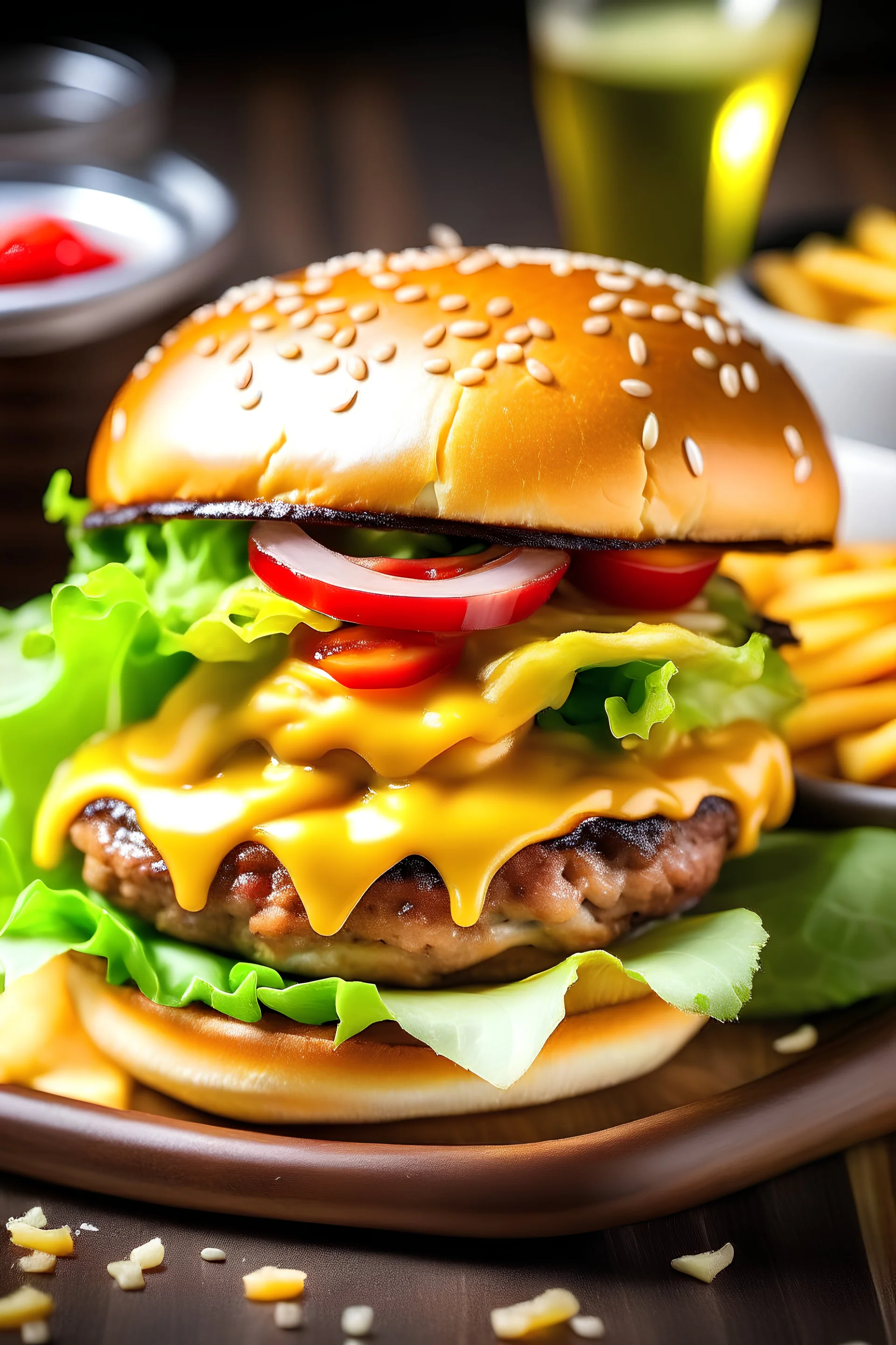 picture of a hearty burger with a side of fries and a soda. The burger is topped with bacon, cheese, and lettuce. The fries are crispy and golden brown.