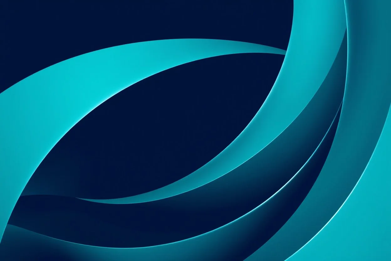 High-quality abstract digital art featuring smooth, curving ribbons of teal and dark blue. The ribbons overlap in a dynamic, sweeping swirl pattern. Soft, elegant highlights run along the curved edges, creating a sense of three-dimensional depth and a polished, fluid texture. Minimalist and sophisticated aesthetic.