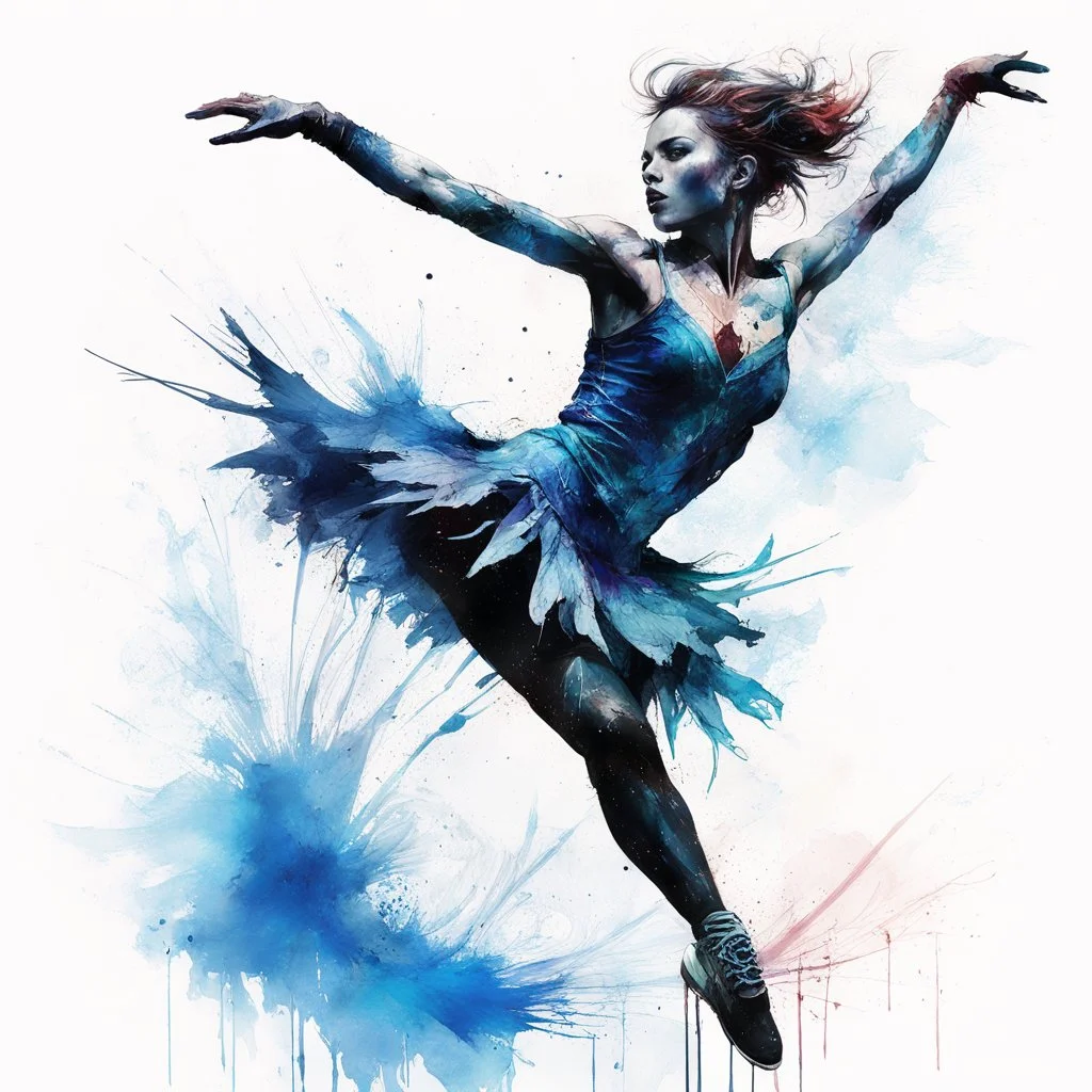 Long-shot perspective, silhouette of figure skater Tayna Harding in mid-air performing a triple axel, textured Speed paint with large rough brush strokes, watercolor, heavy paint splatter, by Carne Griffiths, by Russ Mills, kinetic impressionism, masterpiece, particles, by Renoir, fine art, blue tones, dramatic, romantic, magical mist, cool colors, perfect anatomy