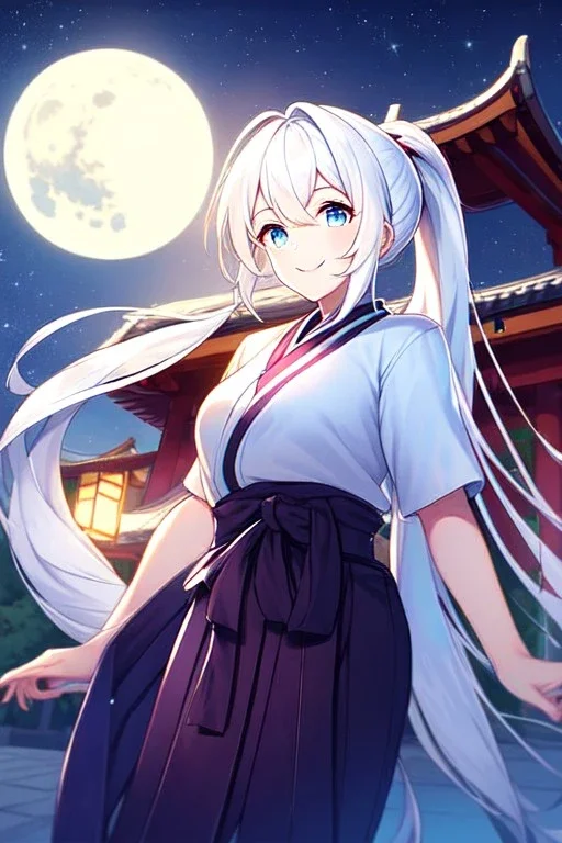 girl, masterpiece, best quality, cinematic lighting, detailed outfit, vibrant colors, perfect eyes, white hair, blue eyes, long hair, ponytail, hakama, shrine, smile, looking down, night sky, starry sky, full moon,