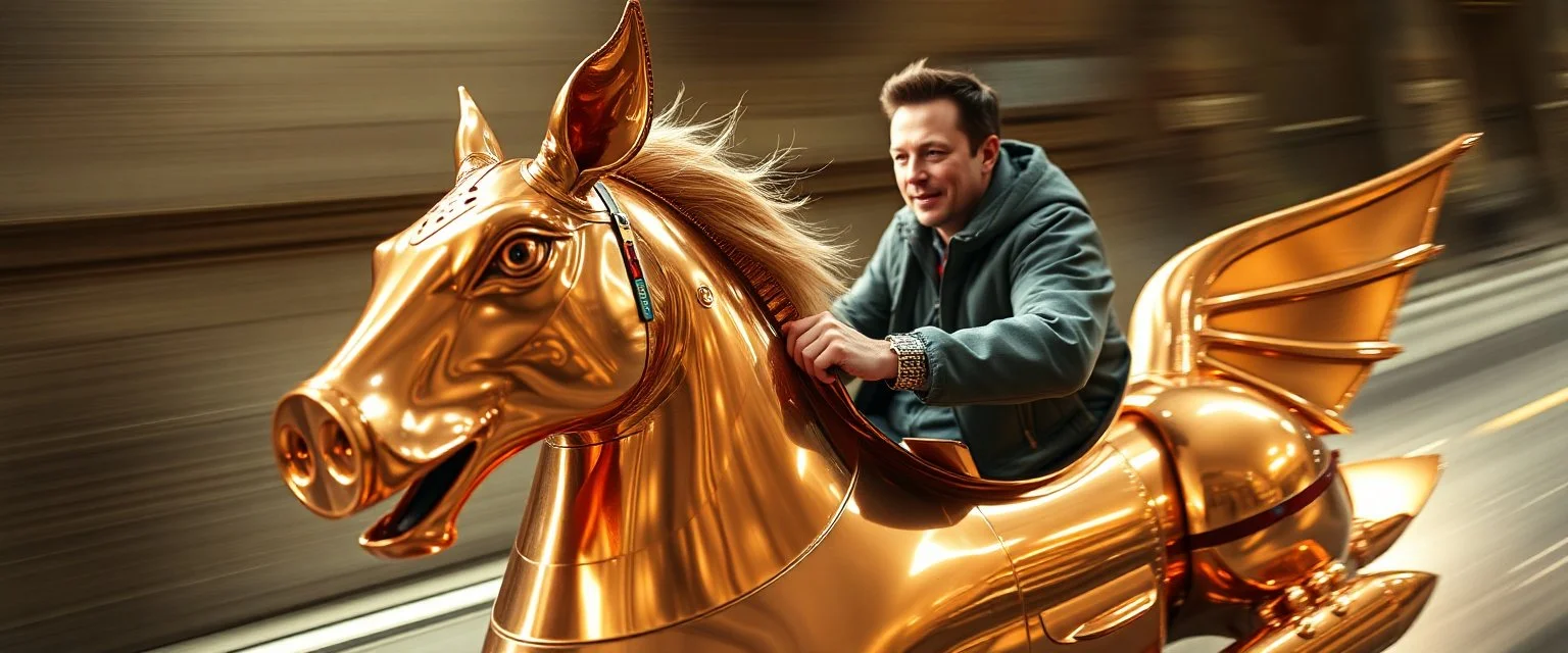 motion blur, close up, portrait of hippie Elon Musk absolutly riding an awesome spaceship in copper, fast one in the shape of a horse pig eel snake dragon sphinx is half horse half pig, now its gonna do an awesome gig , bokeh like f/0.8, tilt-shift lens 8k, high detail, smooth render, down-light, unreal engine, prize winning