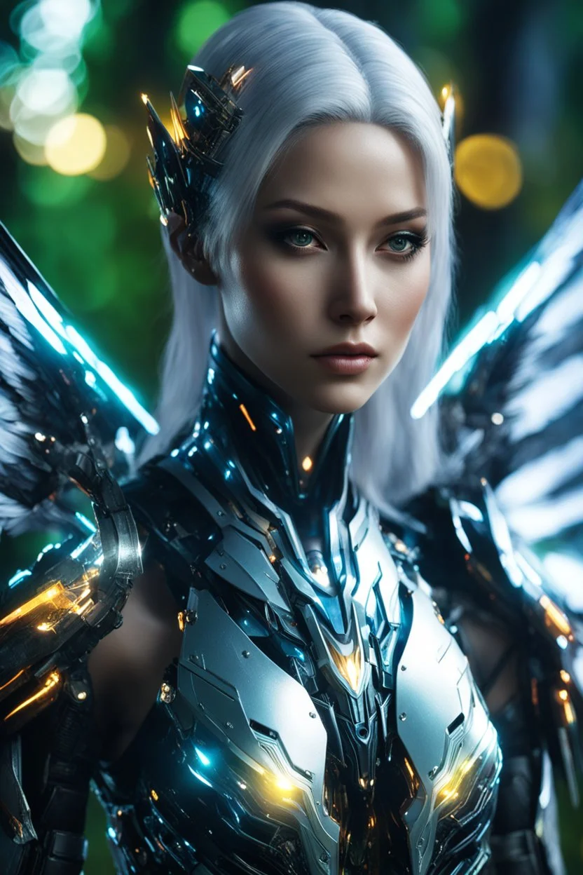 Close up Facing Front night Photography Realistic High Details,Natural Beauty,Beautiful Angel Pretty woman cyborg cybernetic ,futuristic warframe armor,wings ,in Magical Forest full of lights colors,glowing in the dark, Photography Art Photoshoot Art Cinematic Soft Blur Colors