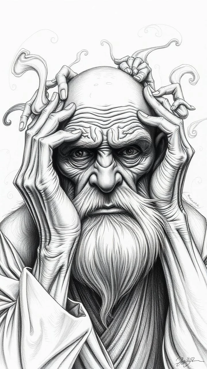 highly detailed graphite illustration, A surreal elderly figure with exaggerated anatomical featured , hands up llheavily wrinkled skin, and an intense, contemplative expression. bald head, thick eyebrows, long beard merge into swirling abstract shapes. Large, other gripping the forehead tensely. Mysterious, introspective, dreamlike, somewhat dark fantasy. #𝙙𝙧𝙚art #prompt