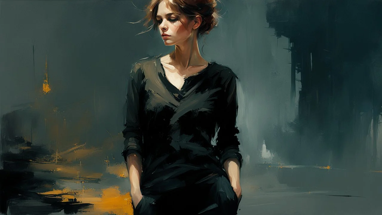 russian woman 26yo with short brown hair, wearing a black shirt with long sleeves and tactical pants :: dark mysterious esoteric atmosphere :: digital matt painting with rough paint strokes by Jeremy Mann Carne Griffiths Leonid Afremov, black canvas