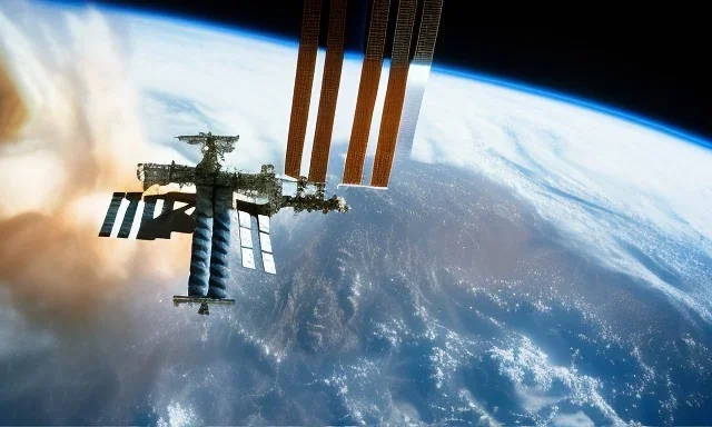 a astronaut repairing iss, a shot from far away