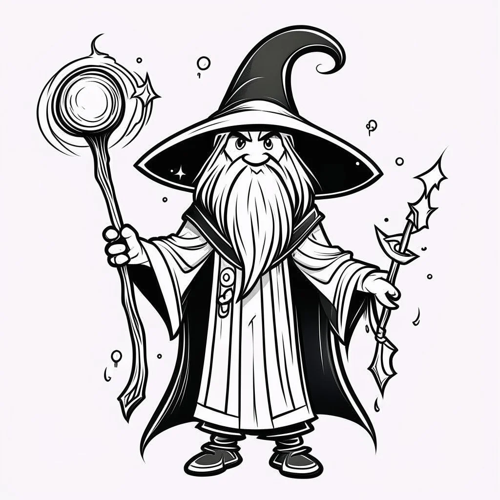 Make black and white cute drawing of a Wizard with black bold lines. Only outline, no grayscale. A wise-looking wizard wearing a tall, star-covered hat and a long robe. He’s holding a staff in one hand and casting a spell with the other, with glowing runes floating around him.