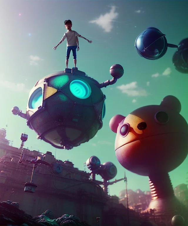 cute boy climbed on top of a fat robot, Ultra realistic, retro futuristic style, wide angle view, soft color, highly detailed, unreal engine 5, ray tracing, RTX, lumen lighting, ultra detail, volumetric lighting, 3d, finely drawn, high definition.