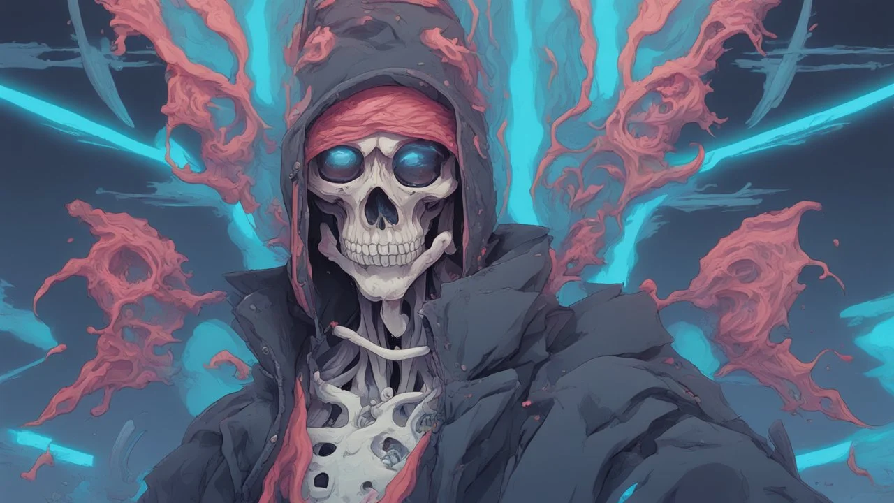 a close up of a person with a skull on their head, blue and black colors, anime skull portrait man, scary detailed art in color, hiroyuki-mitsume takahashi, nychos art aesthetic, half man half skeleton, anime cyberpunk art, colored manga art, rossdraws pastel vibrant, hot colors. insanely detailed, beautiful anime portrait, stunning anime face portrait, scary art in color