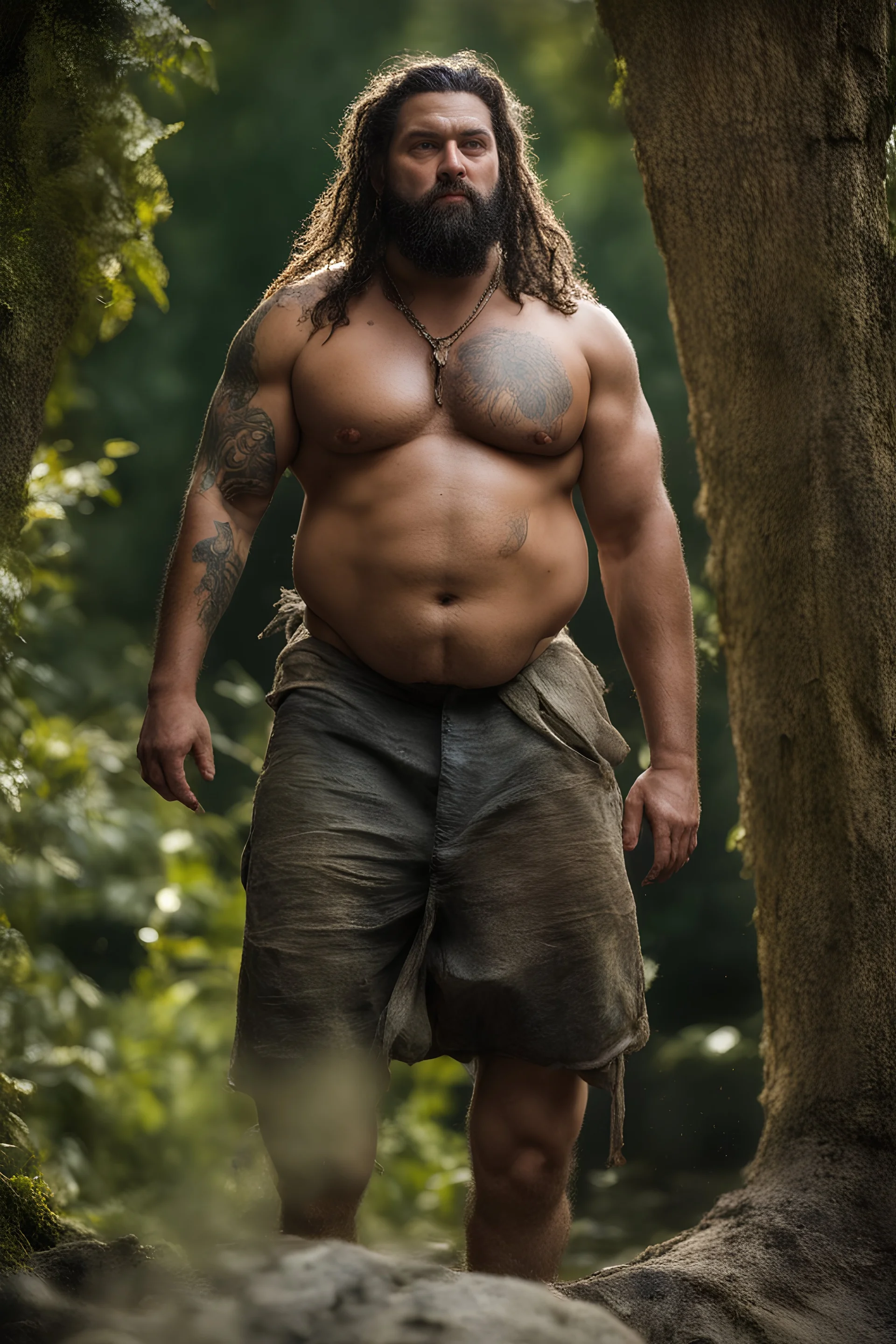 full figure shot, very realistic photography, ugly dirty wet drunk chubby stocky gipsy 32 years old , very oiled body, very detailed, dim light, view from below, short beard, drunk eyes, dreadlocks, tattoo, bullneck, mature barely burly bearded muscled and robust , bulging dirty shorts, seamlessly blending big masculine forms , editorial ambiance, cross-processing effects, big shoulders, ambient occlusion , bright shiny light, impressive composition, volumetric light