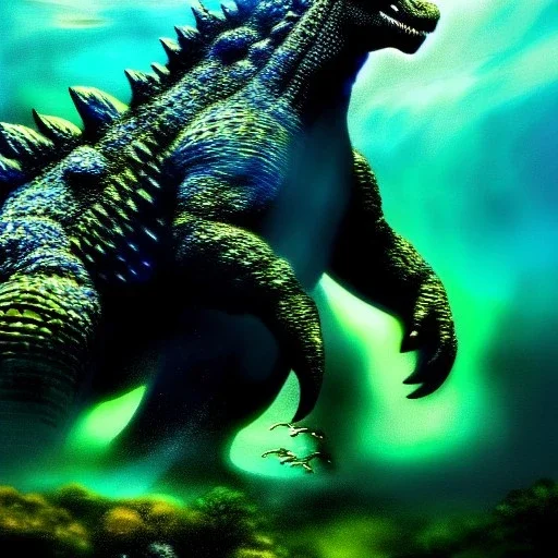 ultra detailed fullbody portrait of Godzilla underwater, extremely detailed digital painting, intrincate, extremely detailed face,crystal clear Big eyes, in the style of rafael sanzio, mystical colors , perfectly centered image, perfect composition, rim light, beautiful lighting, 8k, stunning scene, raytracing