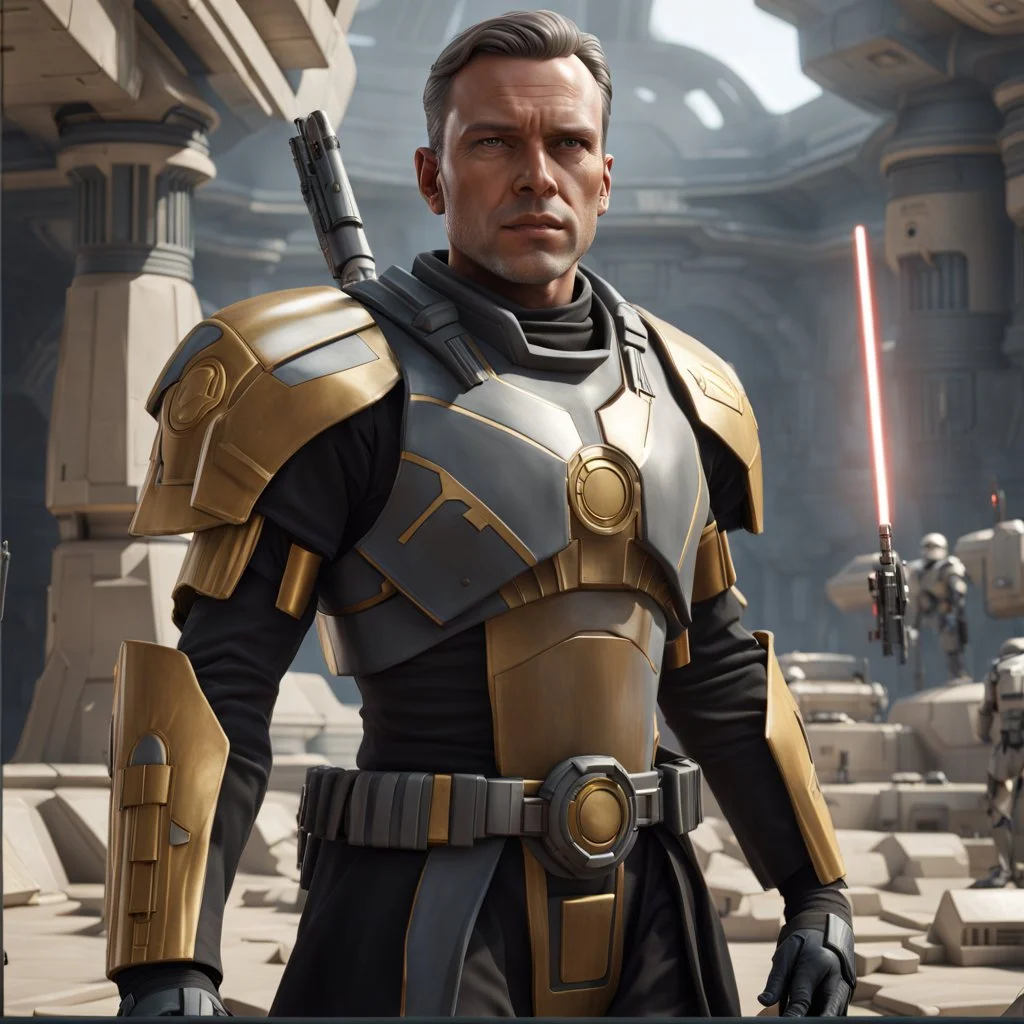 star wars bald male corellian pilot wearing pearlescent black and gunmetal grey First Order special forces heavy assault armor and helmet with gold trim inside the jedi temple, centered portrait, hyperdetailed, dynamic lighting, hyperdetailed background, 8k resolution, volumetric lighting, light skin, fully symmetric details