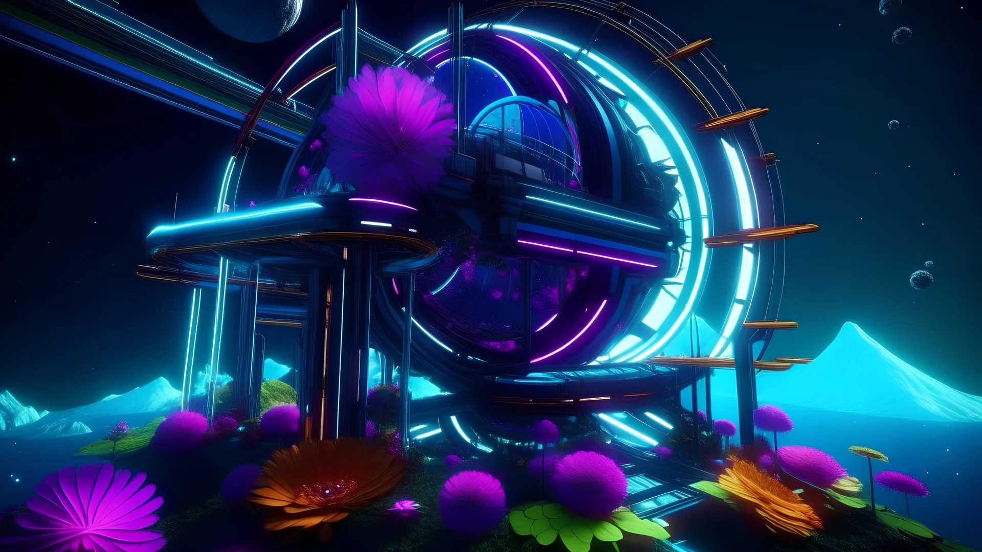 neon soce station hovering in the orbit of a flower planet