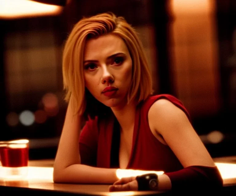 Scarlett Johansson in Lost in Translation, en la barra de un bar con la mirada perdida y fumando.