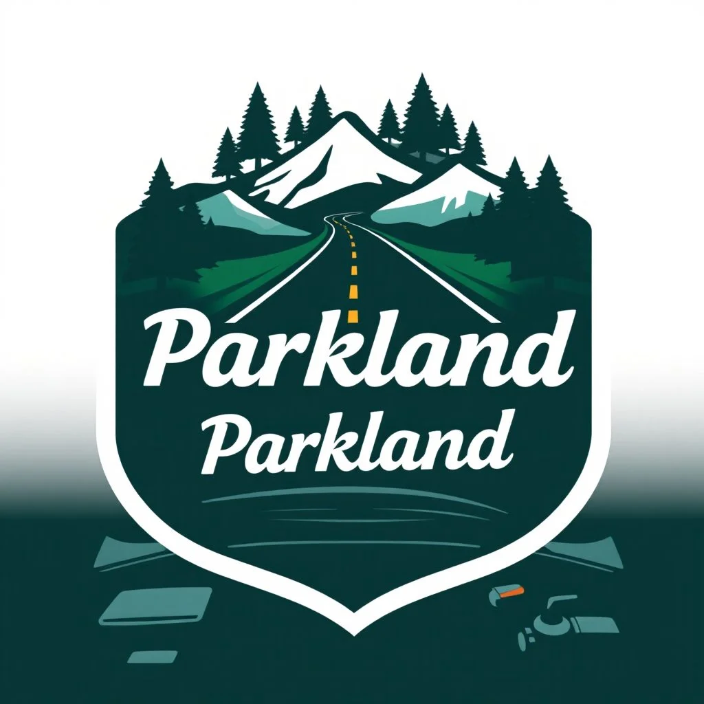 logo for a shop that installs tires and does oil changes, top has elements of beautiful park highway drive, bottom shows the engine under car hood. on windshield is written "Parkland", all inside a shield shape with squared top and rounded bottom, in the style of national parks stickers