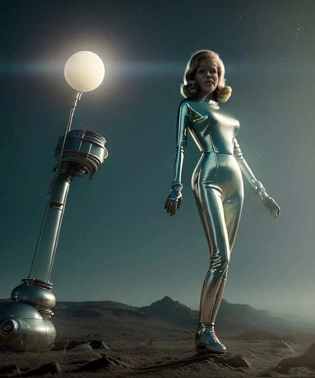 Ultra Realistic retro sci-fi image from 1960, spaceship, sweet young Jane Fonda, dress with tight latex suit, Retro sci-fi weapon, soft color, highly detailed, unreal engine 5, ray tracing, RTX, lumen lighting, ultra detail, volumetric lighting, 3d, finely drawn, high definition, high resolution.