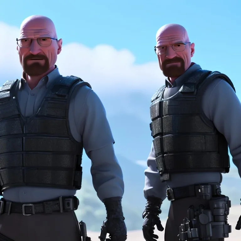 Walter White cyborg, 8k, tactical vest,helmet.