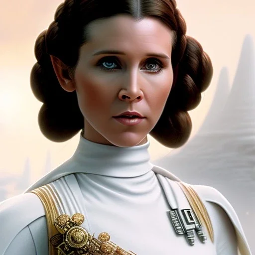 stunning half-body-portrait photo of princess leia from Star Wars played by Carrie Fisher, wlop, artgerm, akihiko yoshida, and liang xing, detailed face, doe eyes, intricate hair style, symmetrical eyes, trending on artstation, highly detailed, white dress, dynamic pose, intricate outfit, space ship and galaxy background