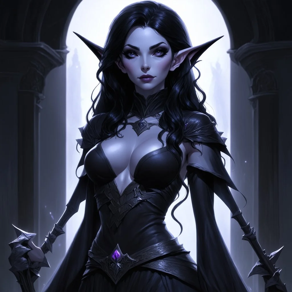 drow elf woman, sorceress, dark hair, digital art, dark fantasy