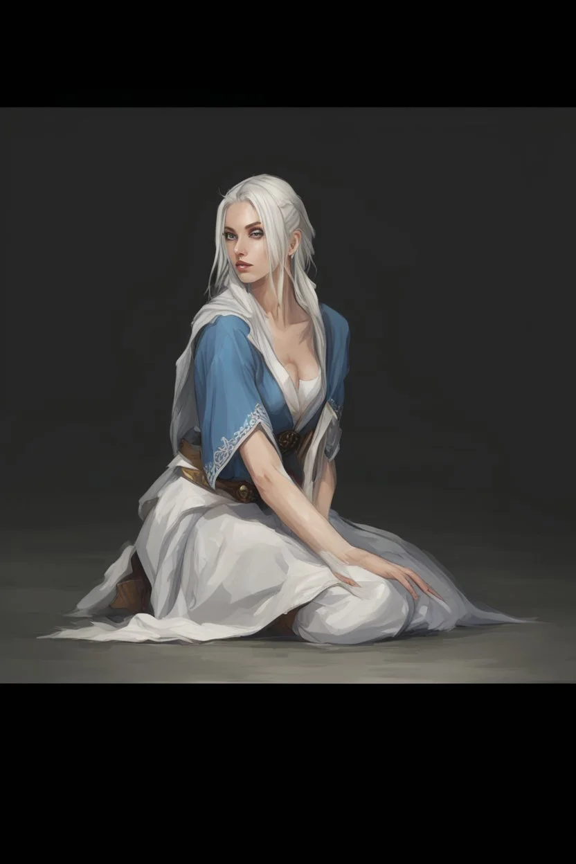 Dnd character on her knees. A female Aaismar twilight cleric with white hair and blue eyes, wearing gray robes. Etreal, beautiful, sexy