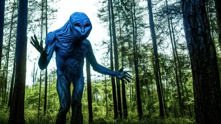 giant humanoid alien emerging from the forest into the plain