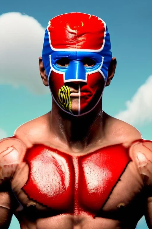 realistic image of joe biden as a mexican wrestling fighter posing, Mexican eyes wrestling mask, red and blue breeches, retro style, 80s, vibrant color, highly detailed, sky background, concept art, unreal engine 5, god rays, ray tracing, RTX, lumen lighting, ultra detail, volumetric lighting, 3d, finely drawn, high definition, high resolution.