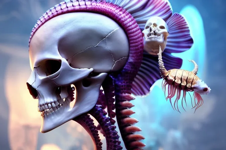 goddess close-up portrait skull with mohawk, ram skull, skeleton, thorax, x-ray, backbone, jellyfish phoenix head, nautilus, orchid, skull, betta fish, bioluminiscent creatures, intricate artwork by Tooth Wu and wlop and beeple. octane render, trending on artstation, greg rutkowski very coherent symmetrical artwork. cinematic, hyper realism, high detail, octane render, 8k