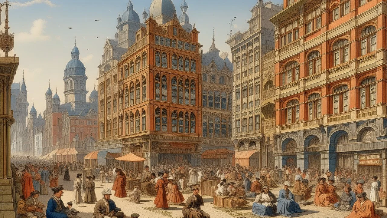 A crowded urban scene with a mix of old and new buildings, some with intricate architectural details. In the foreground, there are people sitting on the ground, possibly resting. The overall atmosphere appears to be lively and vibrant with sunny weather