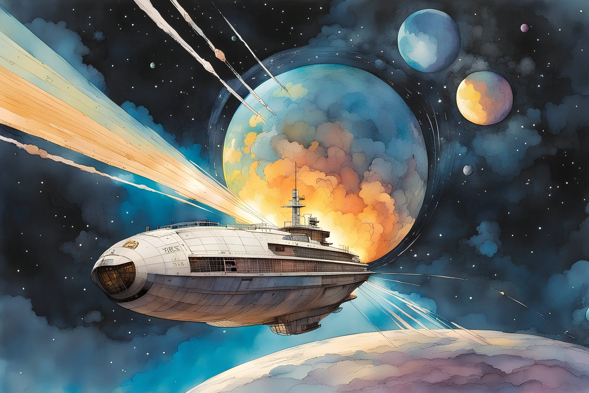 create an interstellar container ship caught in a swirling celestial maelstrom, cosmic patterns, and dreamlike scenes, stars, planets, in the comic book style of Bill Sienkiewicz and Jean Giraud Moebius, ink wash and watercolor, highly detailed and sharply defined