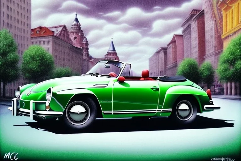 a true-to-life volkswagen karmann ghia cabrio, centered, intricate, extreme detailed, photorealism, center view, city background, pivot on volkswagen, pen and color marker painting by cheryl kelley