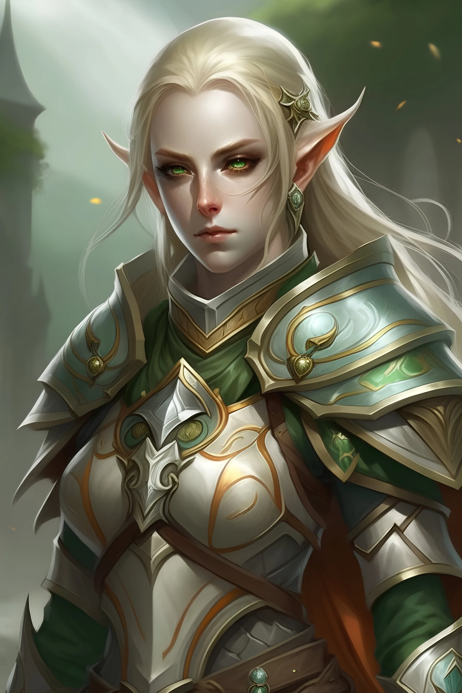 Eladrin Elf, paladin, Mail armor, drawn blade, elven shield on her back, blonde-light brown hair, green eyes, slightly annoyed.