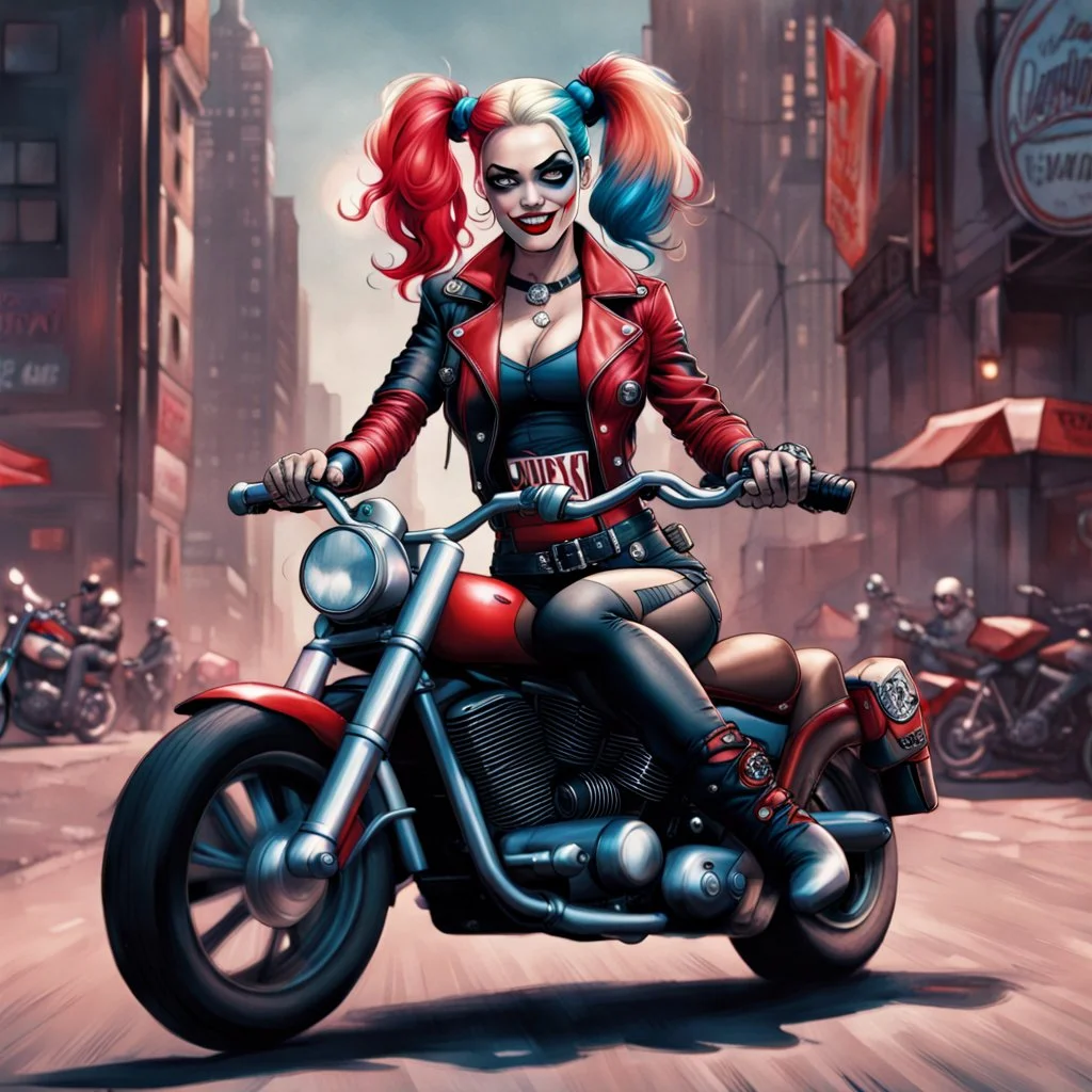 Harley Quinn on a Harley-Davidson.