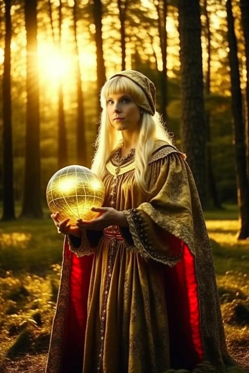 Anime, blonde girl in medieval clothing in large field in the middle of the forest with a globe of light next to her, HD, extreme detail