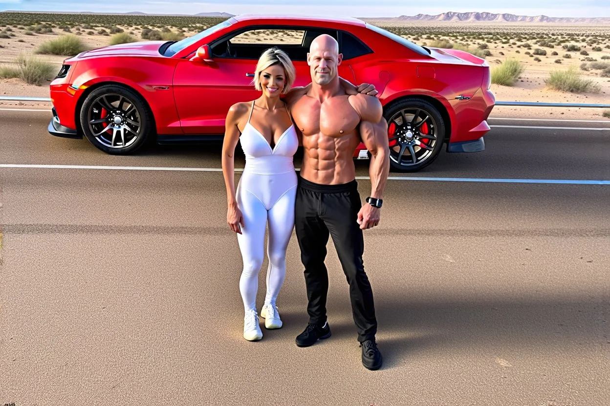 make a pic with short hair and little bald bodybuilder Knut Spildrejorde from Norway and his fitness wife Jeanette, they are standing front of his new red car Chevrolet Camaro, very busy highway in sunny desert Texas in the background