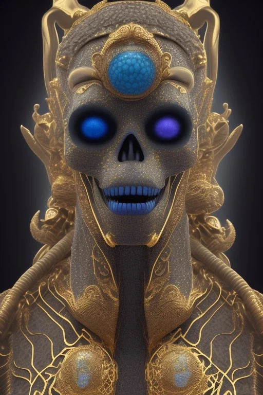 black male African Egyptian alien, cracks in the voodoo head, wicked, diamond eyes, crown, blood, 8k, finely detailed, photo realistic, tiger turquoise skull head gold dragon space alien snow skeleton gold teeth silver crown silver space suit spaceships