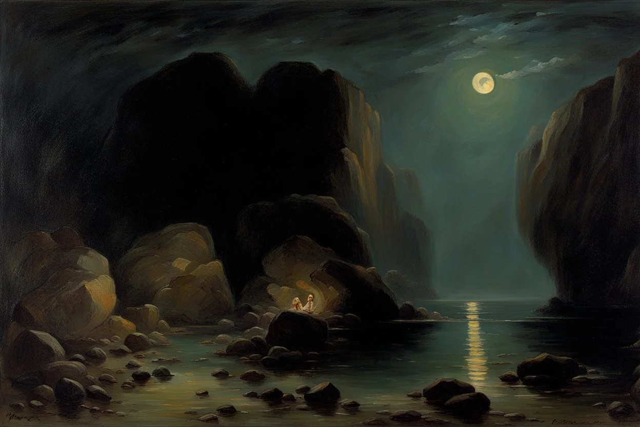 Night, rocks, mountains, friedrich eckenfelder impressionism paintings