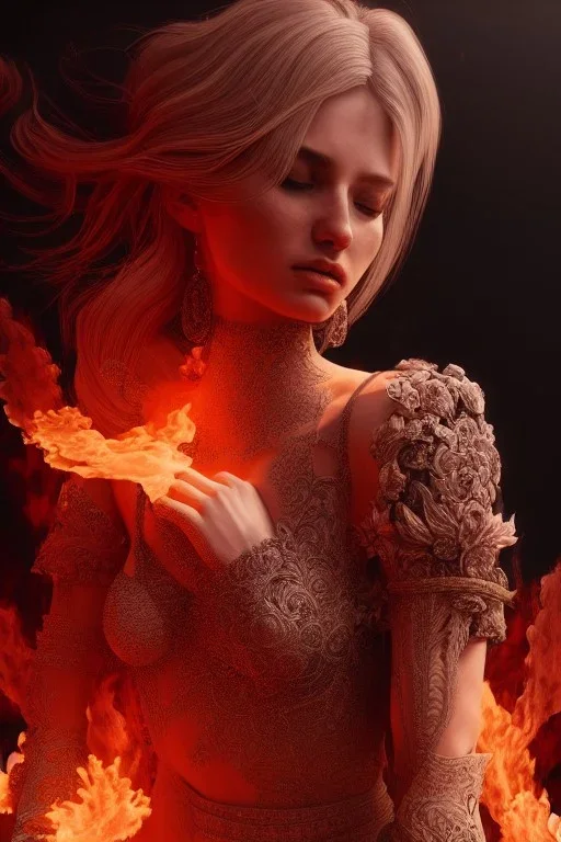 portrait of samantha prince set in fire, cinematic lighting, photorealistic, ornate, intricate, realistic, detailed, volumetric light and shadow, hyper HD, octane render, unreal engine insanely detailed and intricate, hypermaximalist, elegant, ornate, hyper-realistic, super detailed --v 4