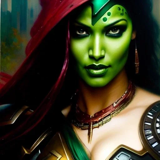 portrait beautiful face Gamora,busty,ancient metal armor balanciaga fashion clothe painting by gaston bussiere, greg rutkowski, yoji shinkawa, yoshitaka amano, tsutomu nihei, donato giancola, tim hildebrandt, oil on canvas, cinematic composition, extreme detail,fit full head inside picture,16k