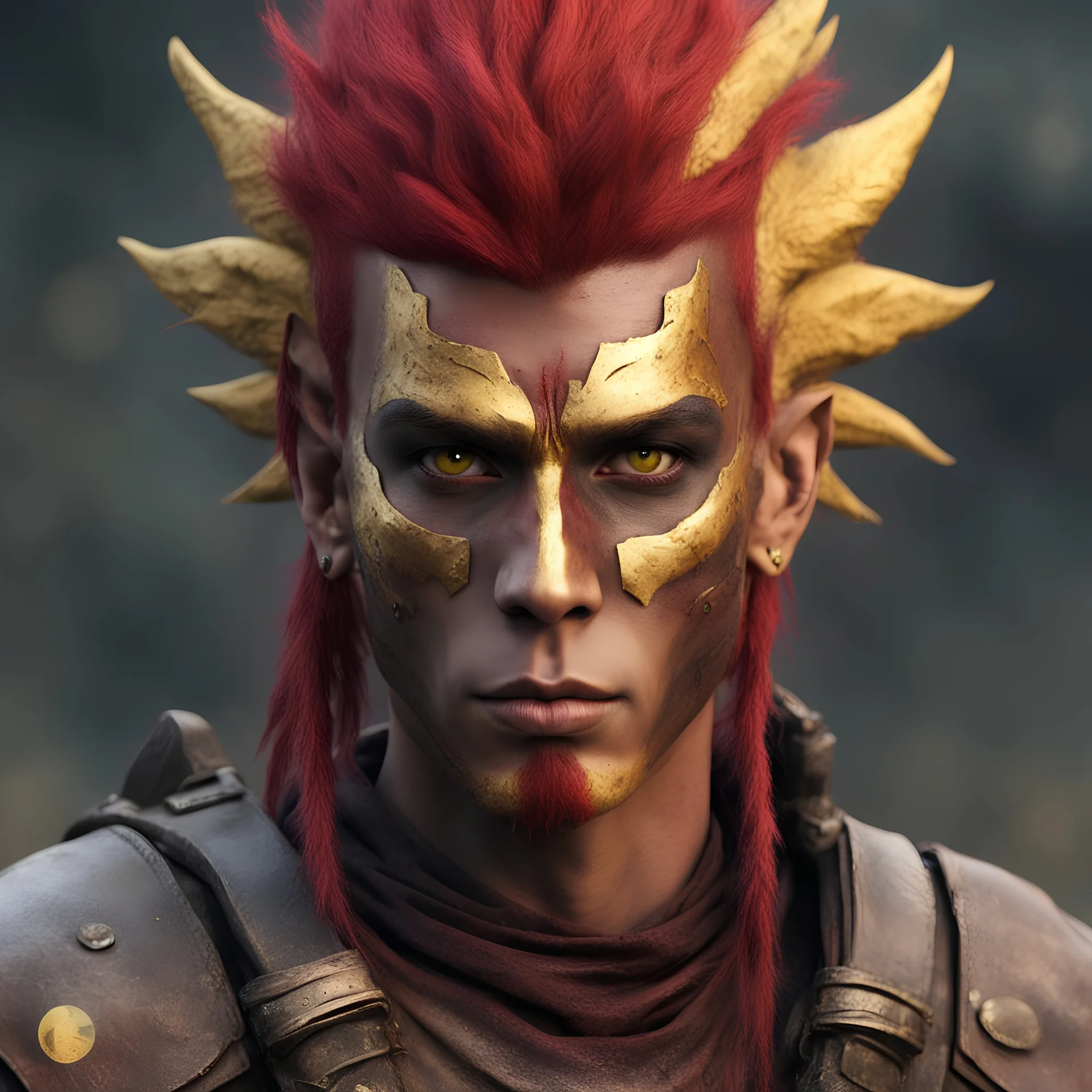 darkredhead ganja warrior man in a post apocalyptic, dystopian world, hyperrealistic movie setting Skin color: dark red, Eye color: wolf yellow / gold, Hair color dark red mohawk Armor ninja Elf ears fitting... Facial features: Indian