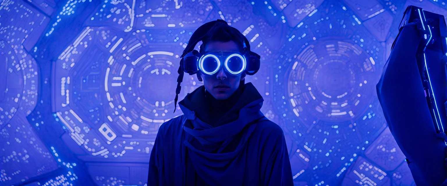 A prodigy in cyber-navigations, Terra Byte uses their unique skills to manipulate digital space and create virtual ecosystems that serve as sanctuaries from the harsh cyberpunk reality. Draped in garments seamlessly integrated with camouflage tech, and goggles perpetually projecting data streams before his eyes, imperfection, natural lighting, cinematic, Fuji Film, Anamorphic lens, 2040s, deep depth of field, Solarpunk