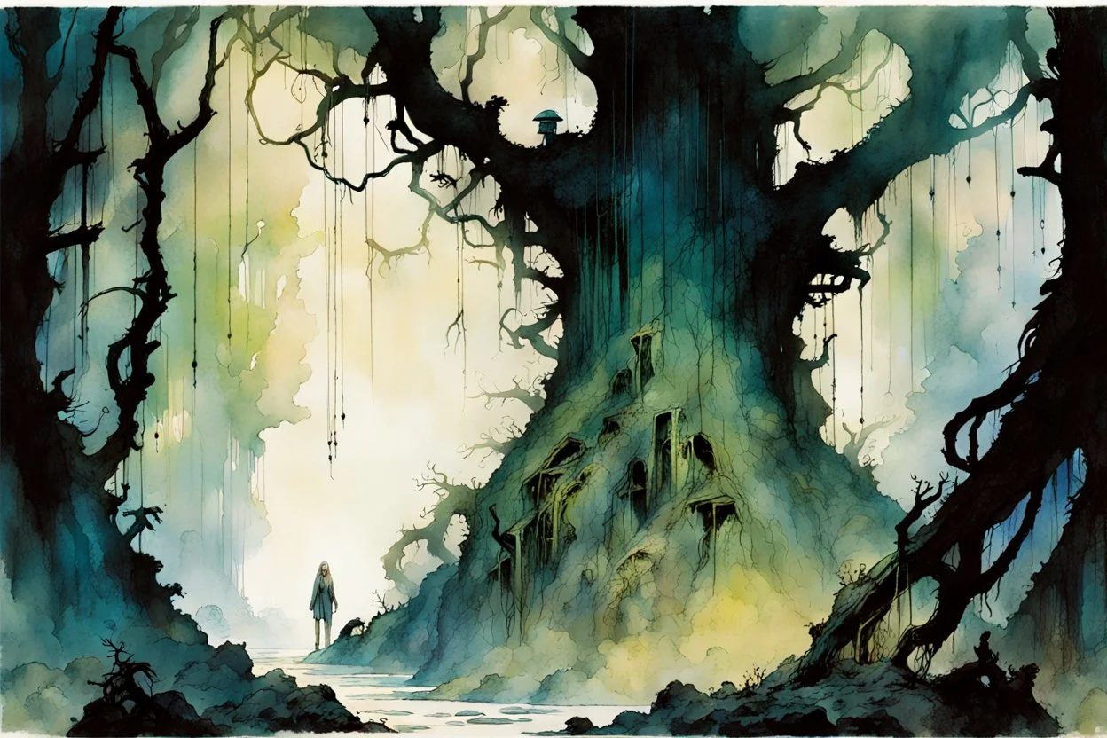 create a wildly conceptual ink wash and watercolor illustration of an ethereal, otherworldly , darkened, ancient forest draped in hanging moss and climbing vines, in the comic book art style of Bill Sienkiewicz, Mike Mignola, Sparth, and Jean Giraud Moebius, finely drawn, colored and inked, suffused with dramatic natural light and shadow in heavy rain under a midnight moon