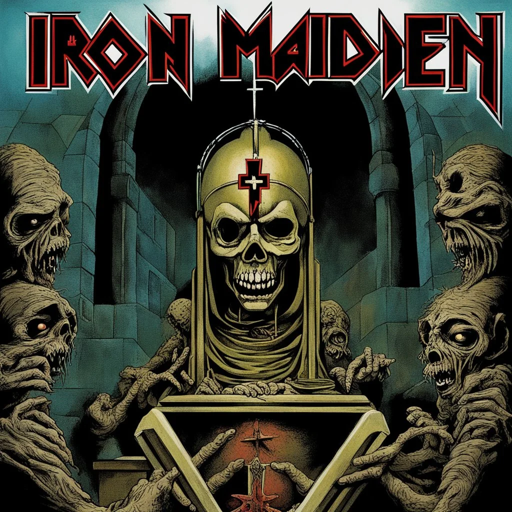 heavy metal album cover for "IRON MAIDEN" band titled "CHURCH OF MADNESS", featuring Iron Maiden mascot "Eddie", "eddie" in priest outfit, Derek Riggs artist, Iron Maiden font for text