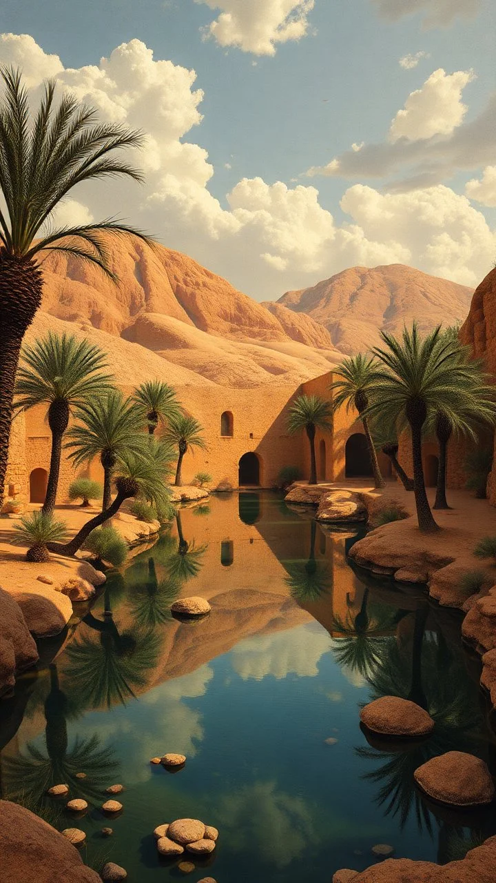 Hieronymus Bosch style , Morocco old Arabian oasis with water lakes and trees